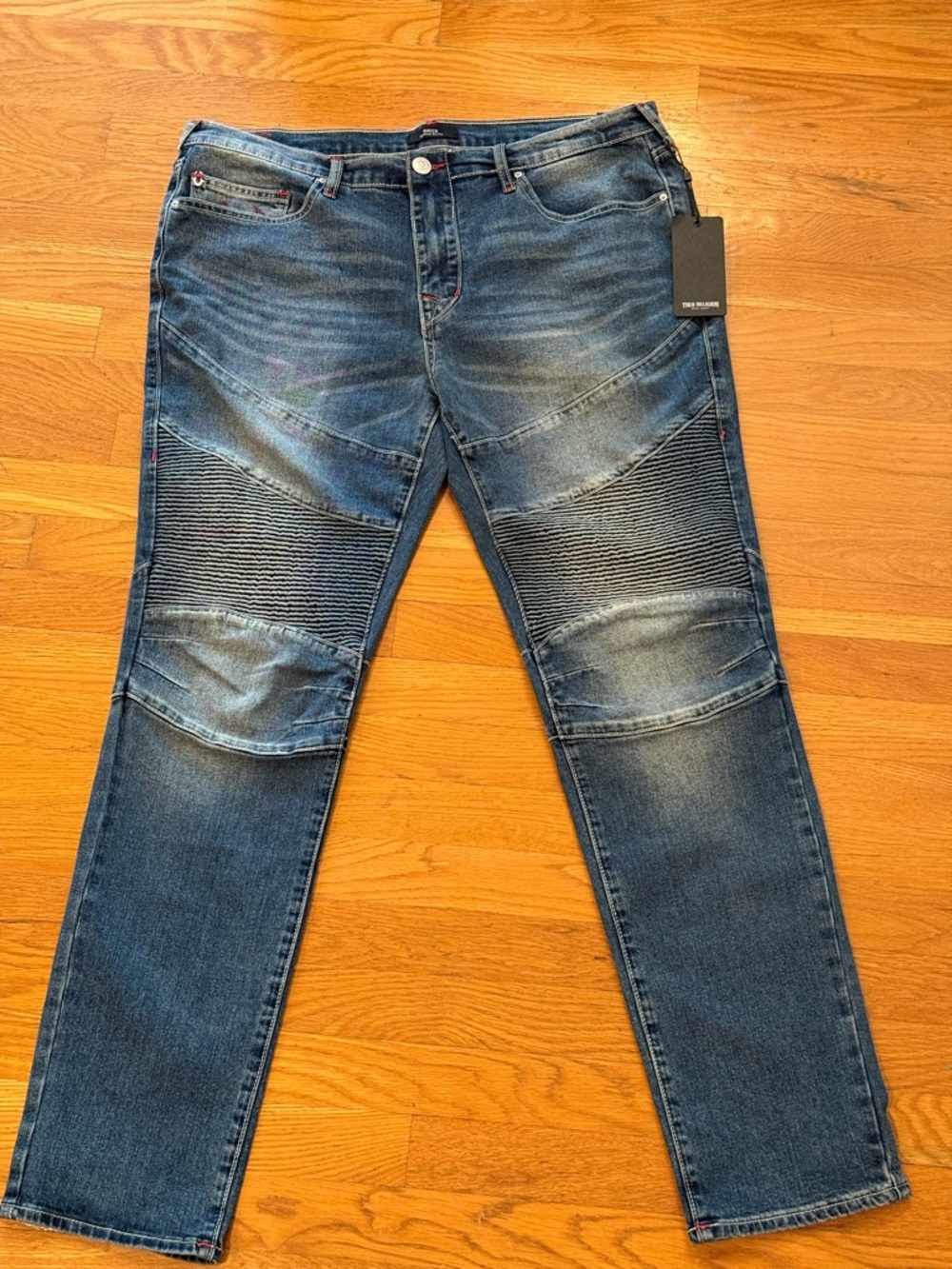 True Religion Men's Dark Blue Moto Slim Straight Jeans